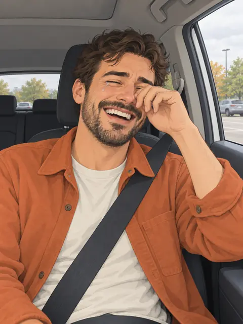 Illustration of good framing: man in a parked car's passenger seat, dashboard mount, even daylight