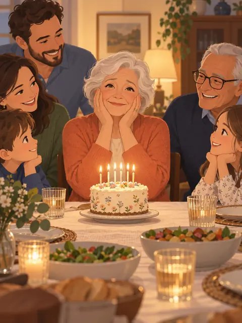 Illustration: grandmother at a birthday dinner table, moved, family around her