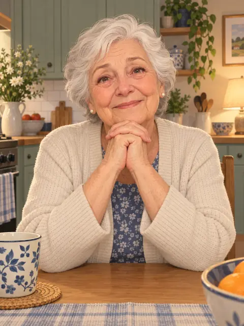 Illustration of good framing: older woman at a kitchen table, phone propped at eye level, face lit
